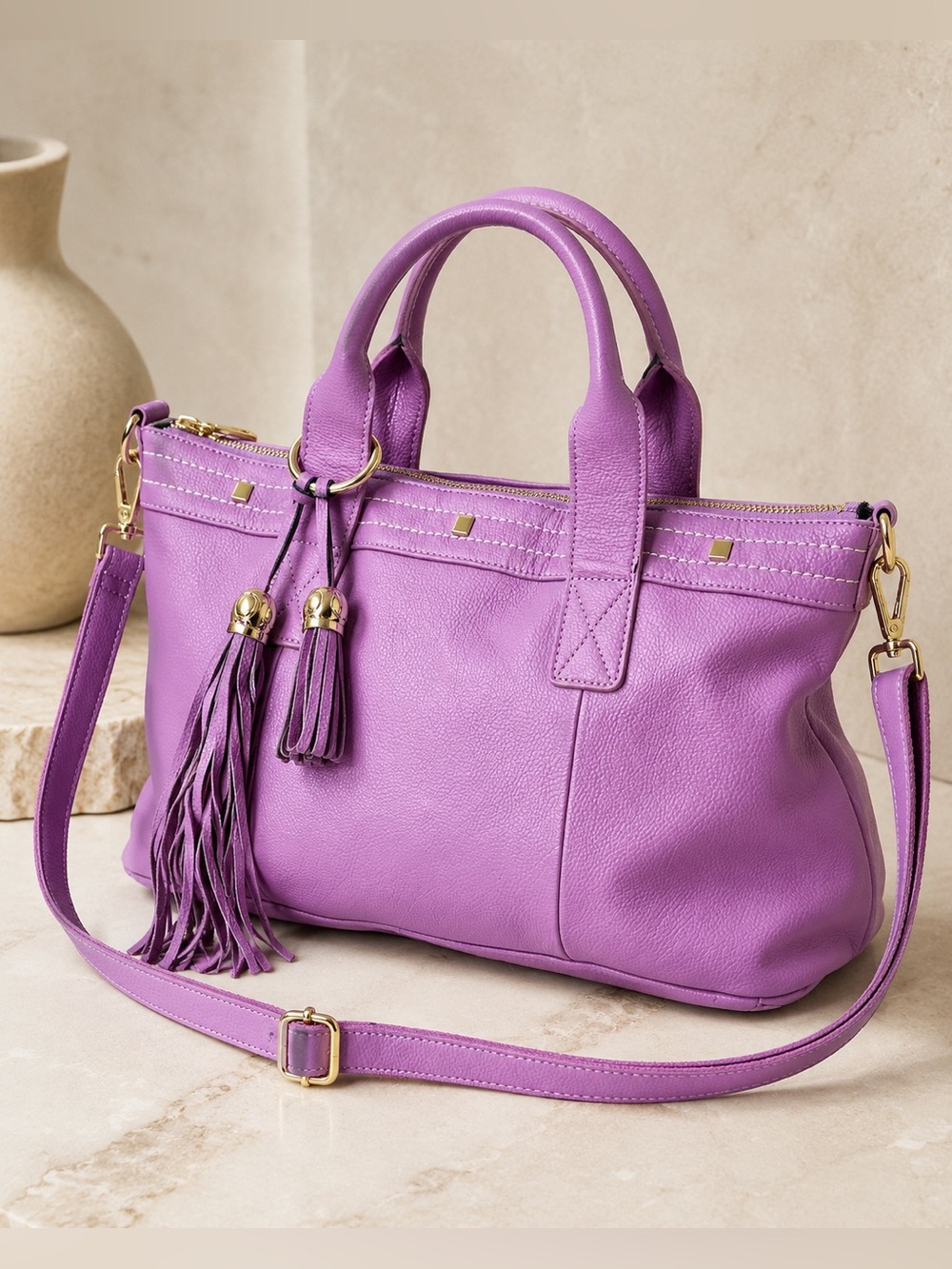 Cuore & Pelle Lilac Pebbled Leather Satchel Crossbody Tassel Bag NWOT